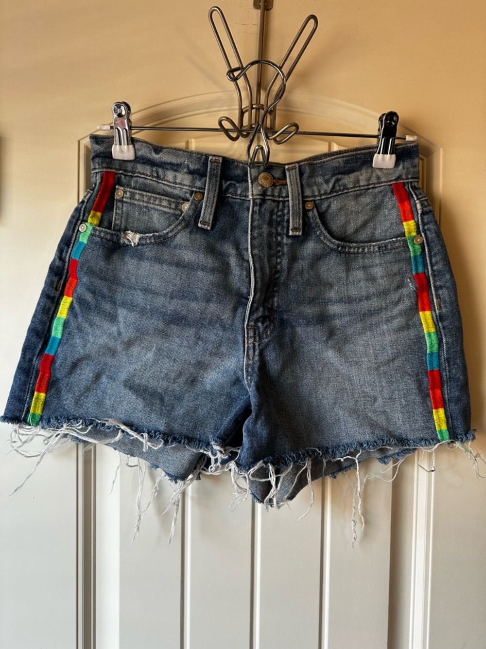 J.Crew Point Sur Blue Denim Raw Hem Cutoff Shorts with Rainbow Side Trim size 25